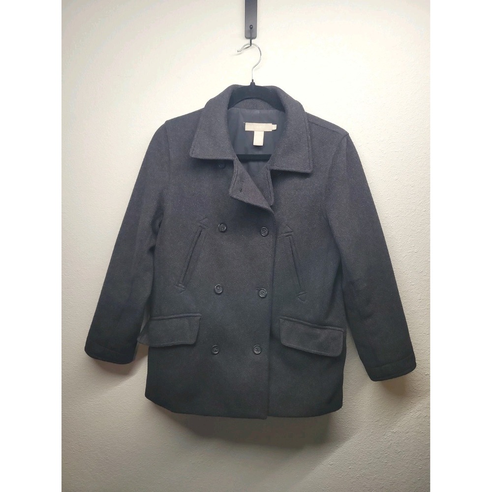 J.Crew Pea Coat Womans PXS Black Wool Double Breasted Button Front Lined Classic